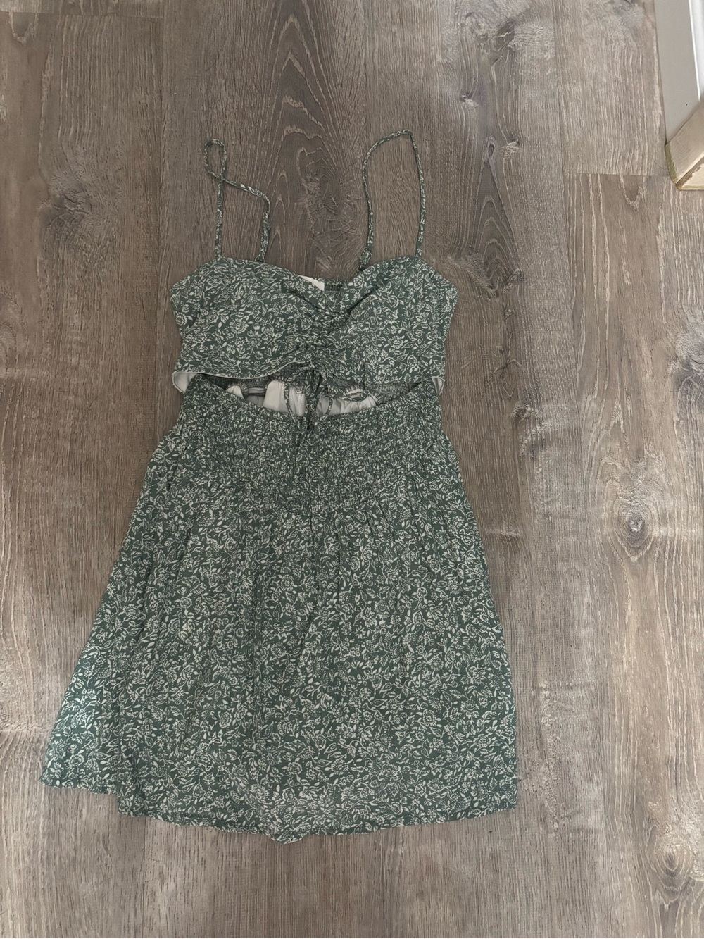 Green Floral Spaghetti-Strap Romper with Smocked Waist